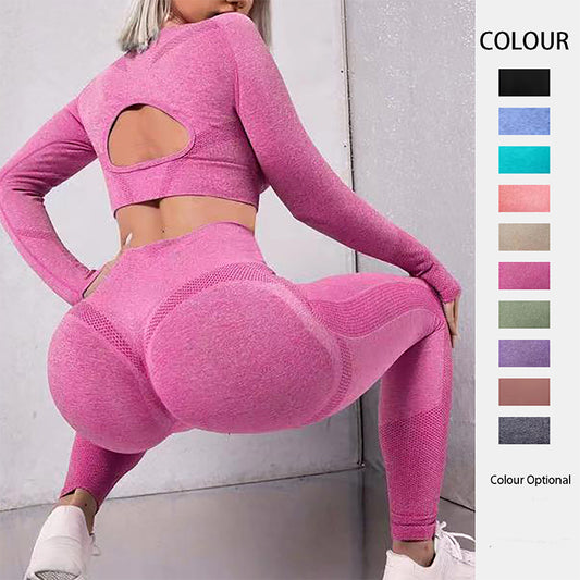 2pcs Sports Suits Long Sleeve Hollow Design Tops And Butt Lifting High Waist Seamless Fitness Leggings Sports Gym Sportswear Outfits Clothing - Better Life
