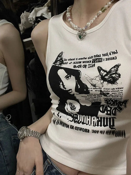 Y2k Grunge Print Sleeveless Sexy Tank Top for Women