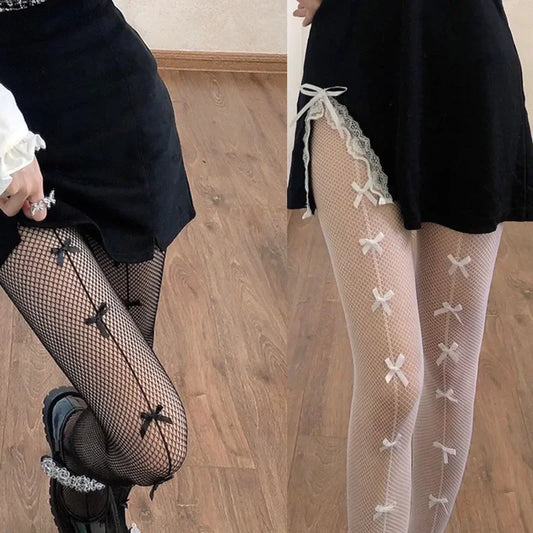 Women Sexy Mesh Fishnet Tights Stockings Pantyhose Bows Transparent