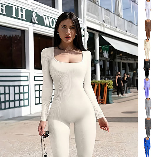 Women's Yoga Sports Fitness Jumpsuit Workout Long Sleeve Square Collar Clothing - Better Life
